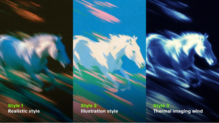 3 different image styles of a white horse